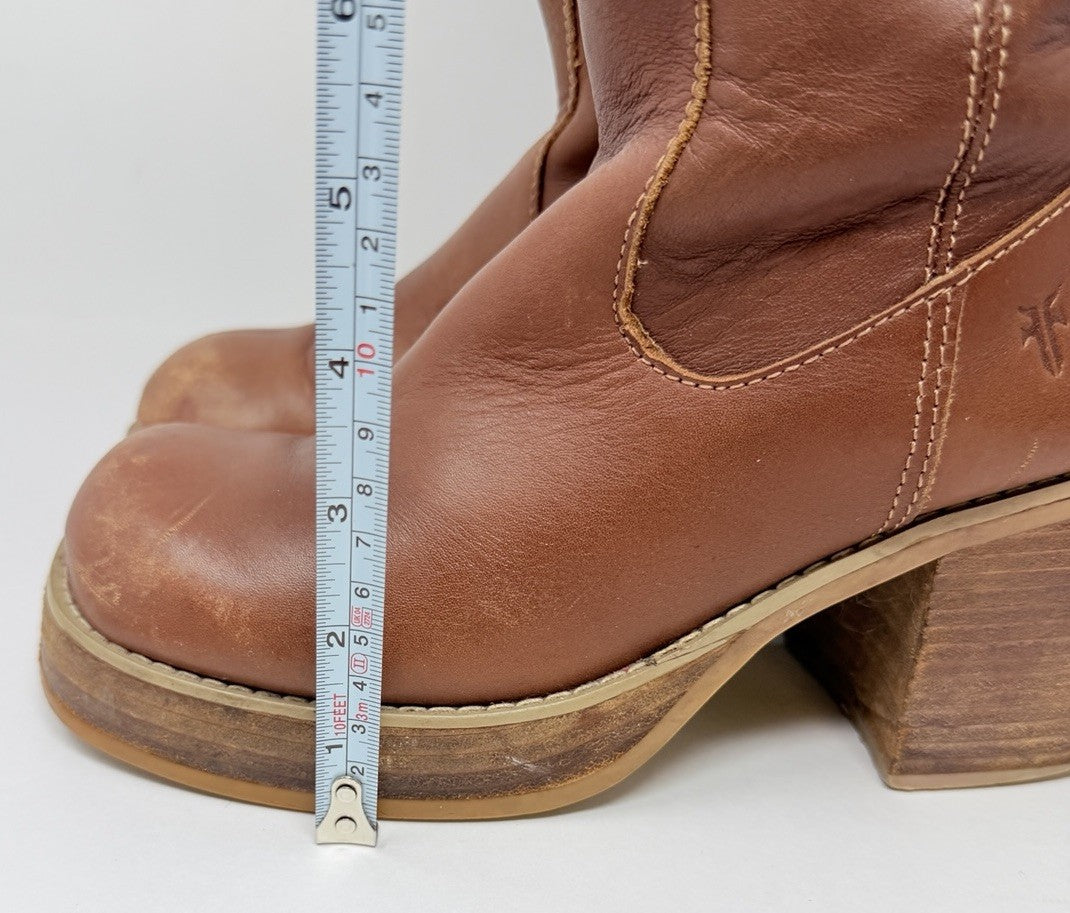 Frye Dorian Brown Leather Chunky Heel Platform Boots