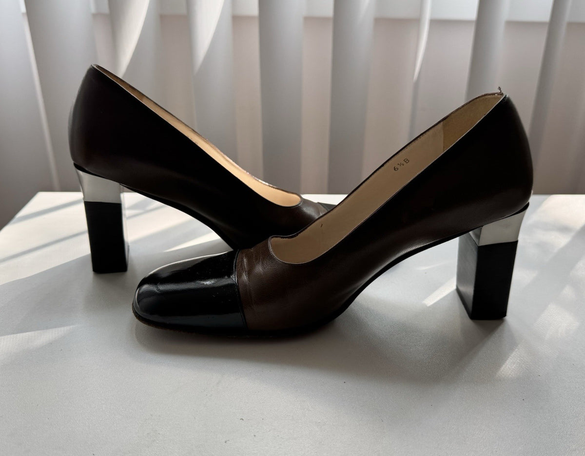 Chanel Two-Tone Metallic Silver and Brown Leather Cap Toe Pumps