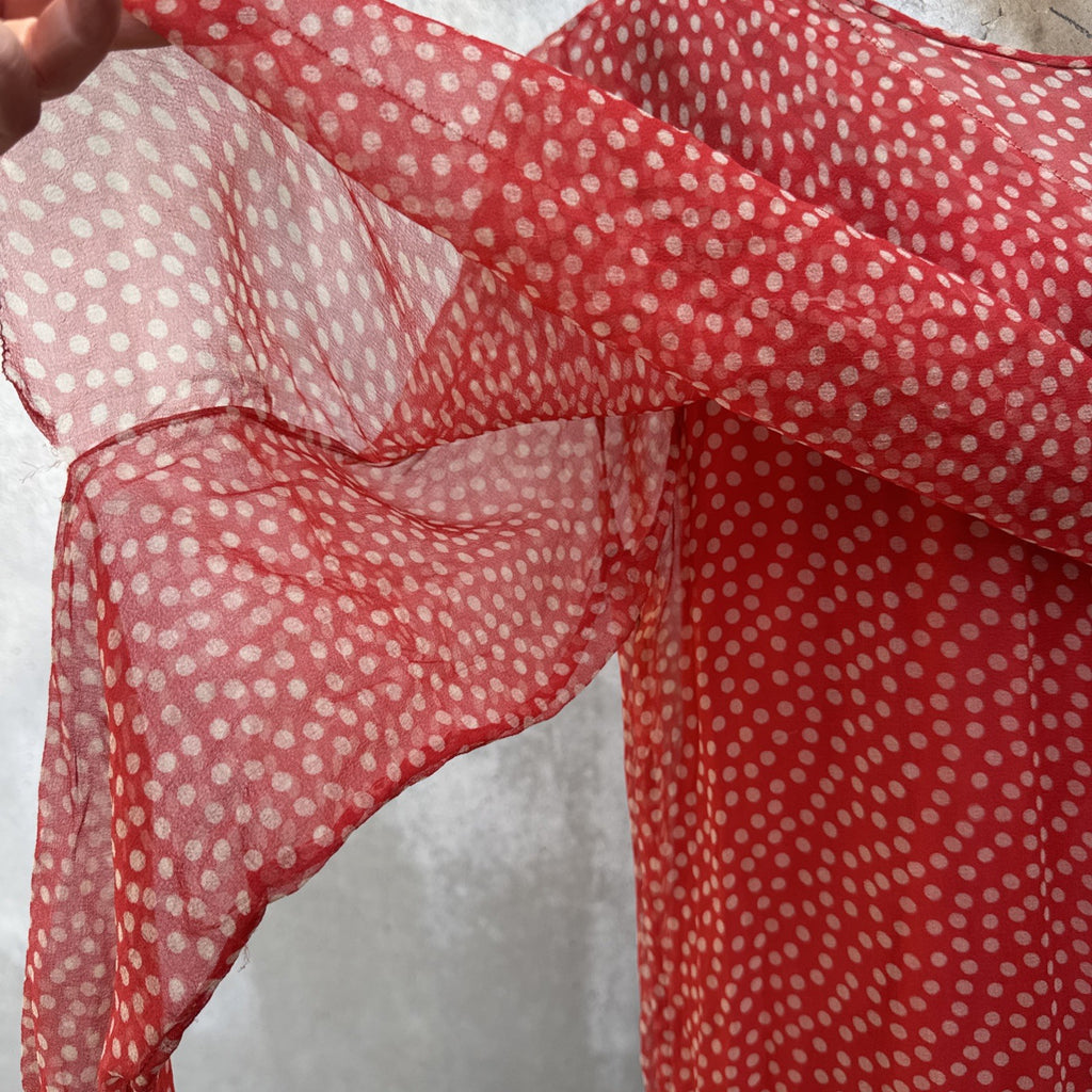 Marjone 1920s Red Silk Chiffon Polka Dot Dress