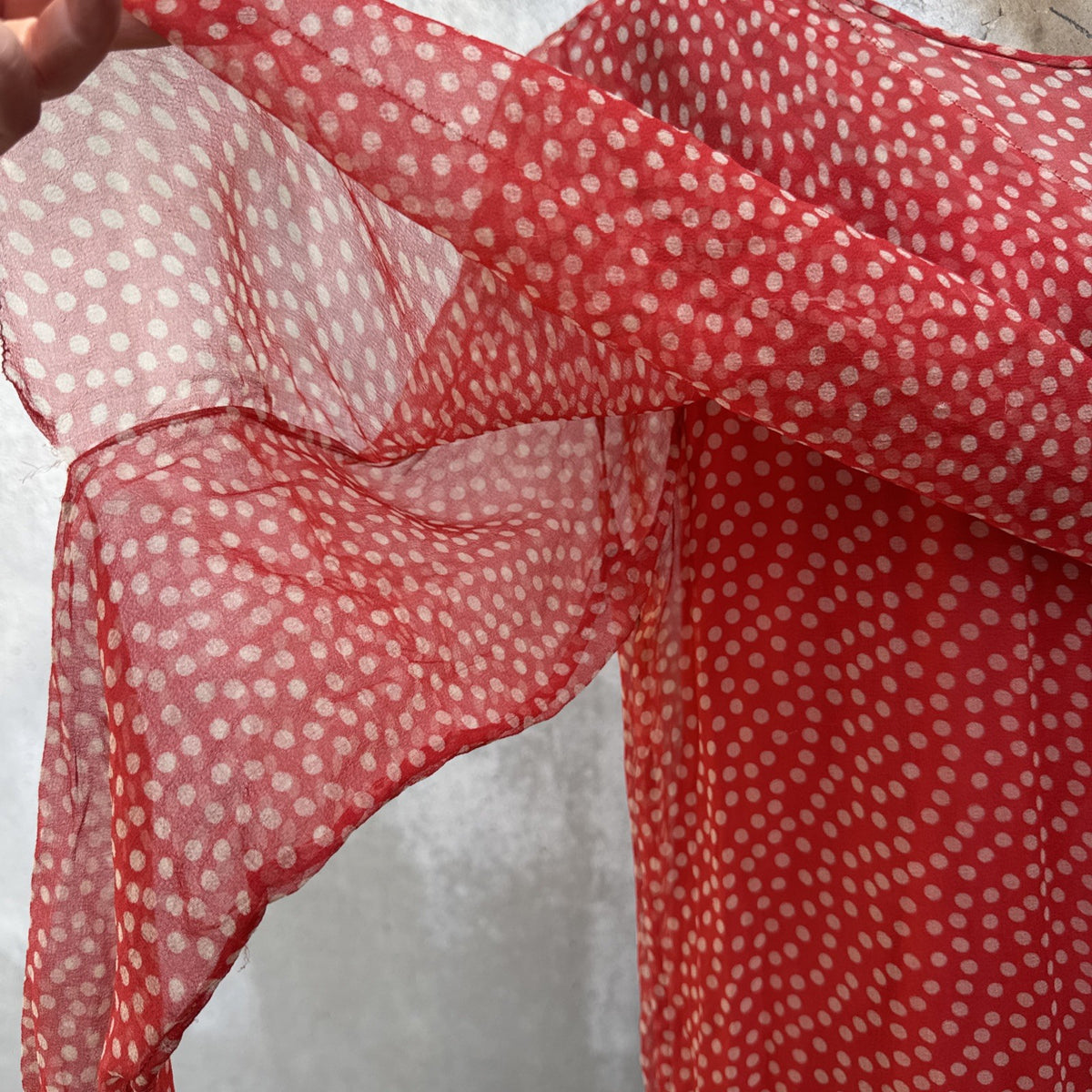 Marjone 1920s Red Silk Chiffon Polka Dot Dress