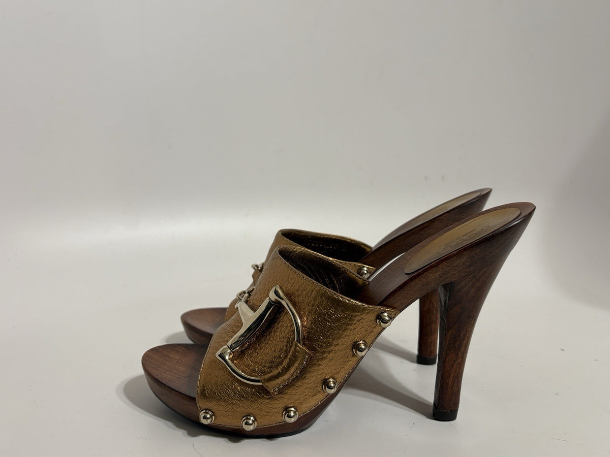 Gucci Gold Leather Horsebit Wood Sandal Heels