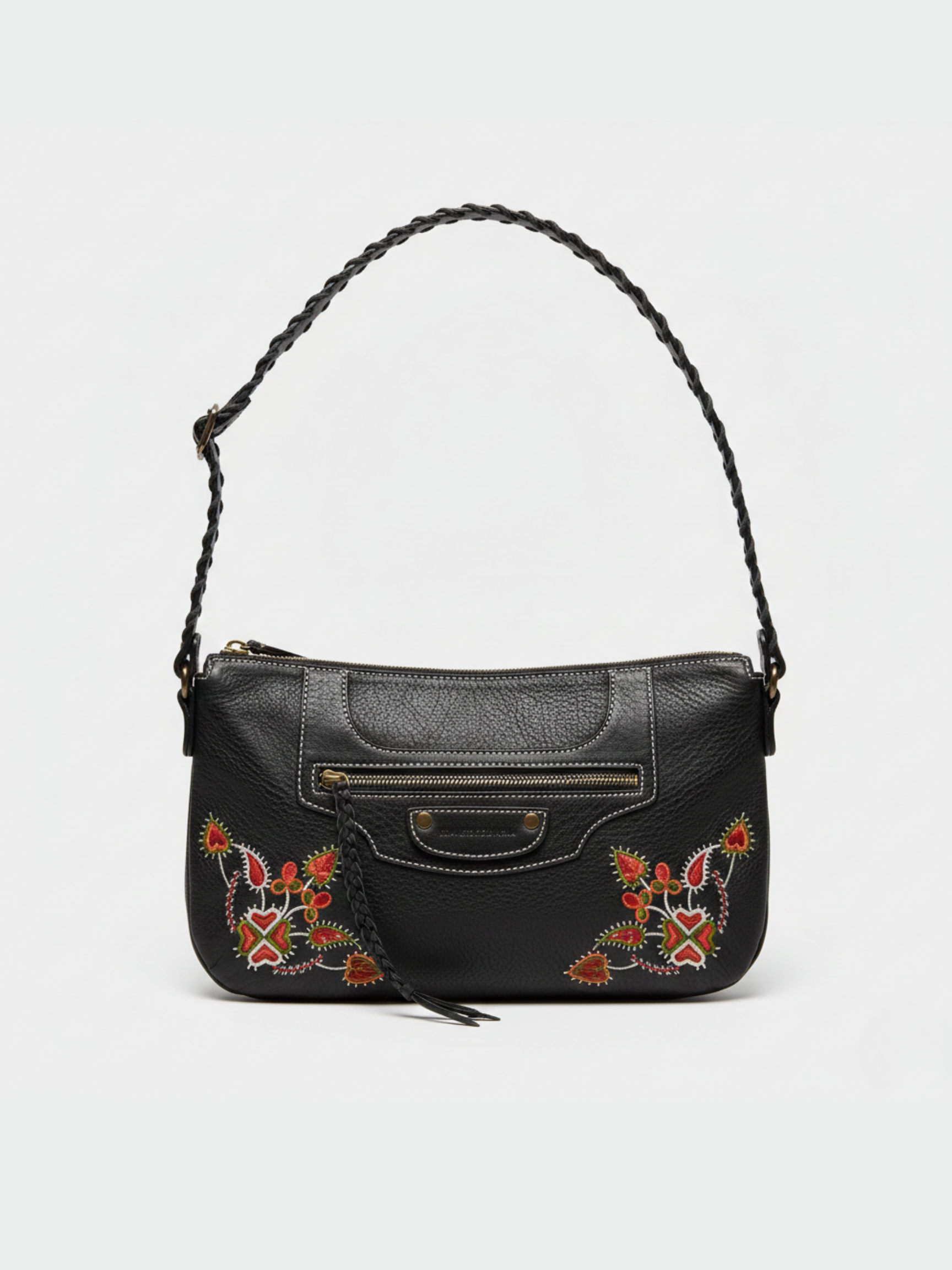 Francesco Biasia Black Leather Embroidered Shoulder Hobo Bag