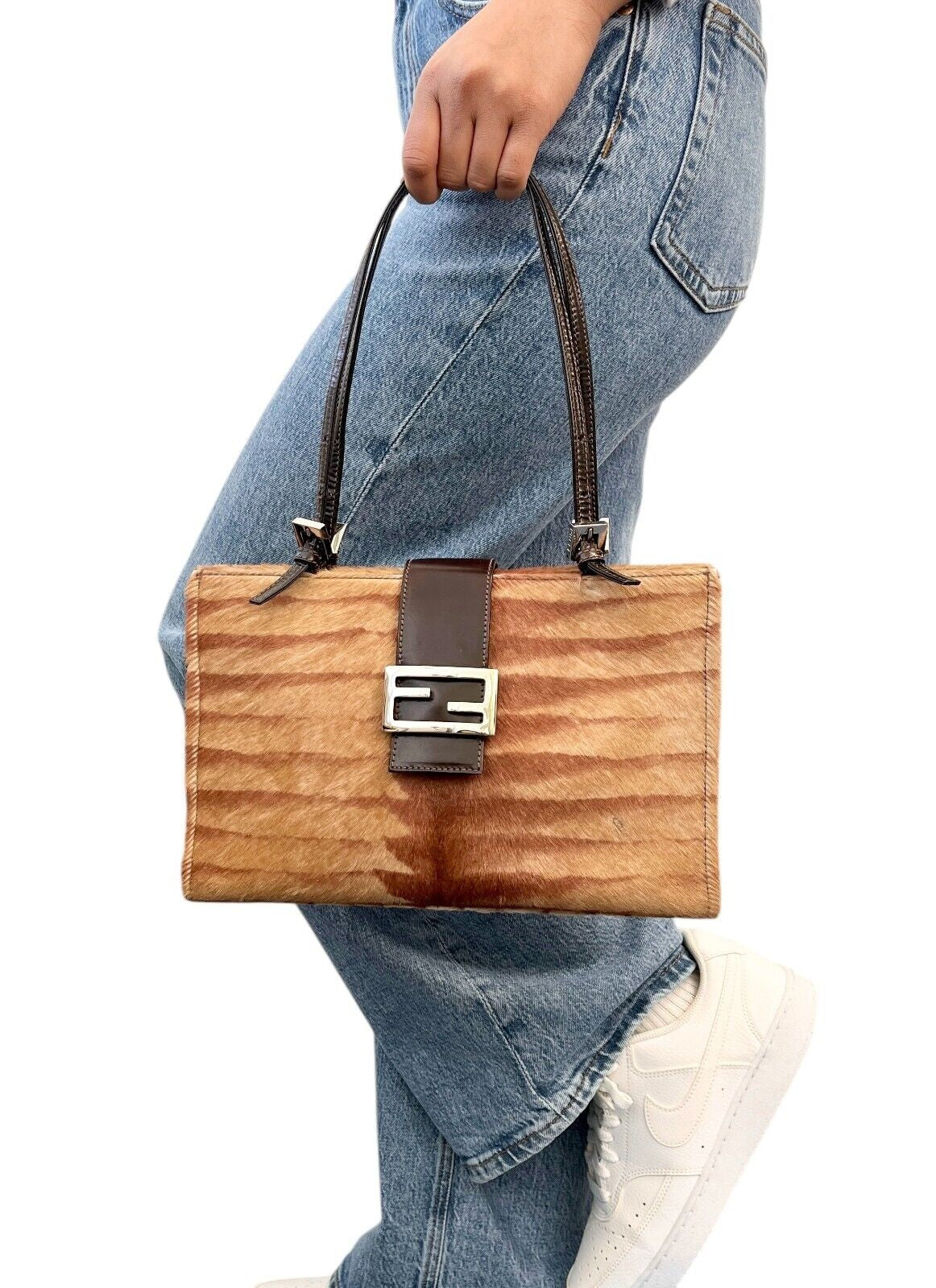 Fendi Vintage FF Logo Calf Hair Shoulder Bag, Brown & Silver