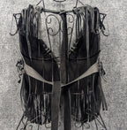 Handmade Black Leather Fringe Halter Top - Beaded Feather Detail