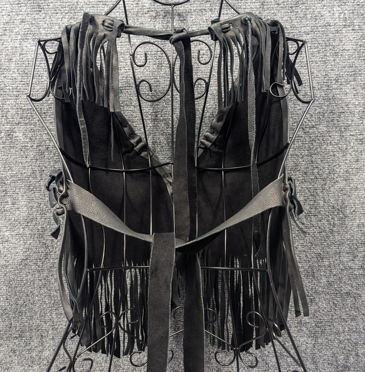 Handmade Black Leather Fringe Halter Top - Beaded Feather Detail