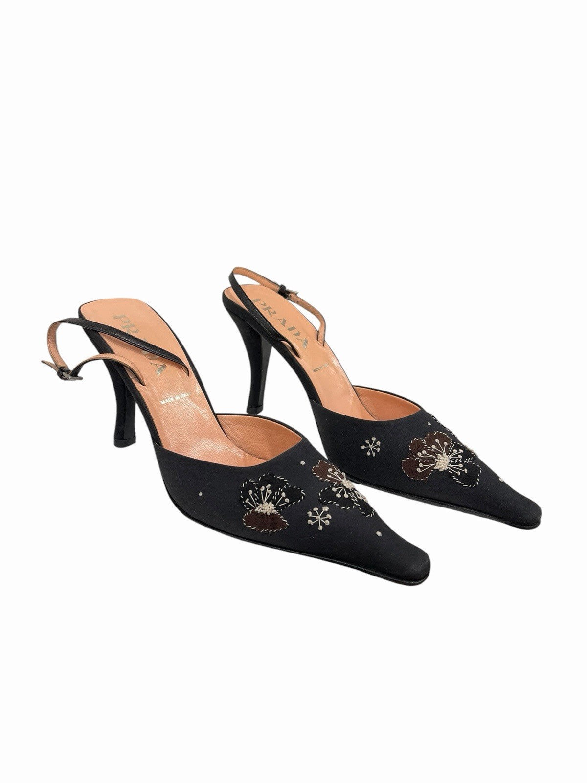 Prada Floral Embroidered Heels in Black Satin