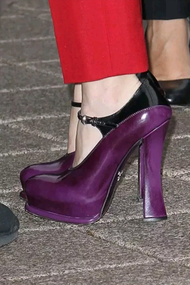 Prada Purple Black Patent Leather Strap Maryjane Heels Size EU 35 US 5