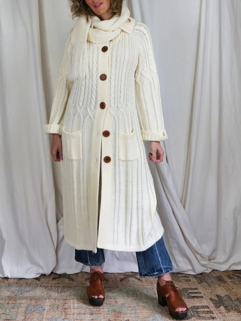 Vintage 70s Ivory Cable Knit Duster Sweater Coat