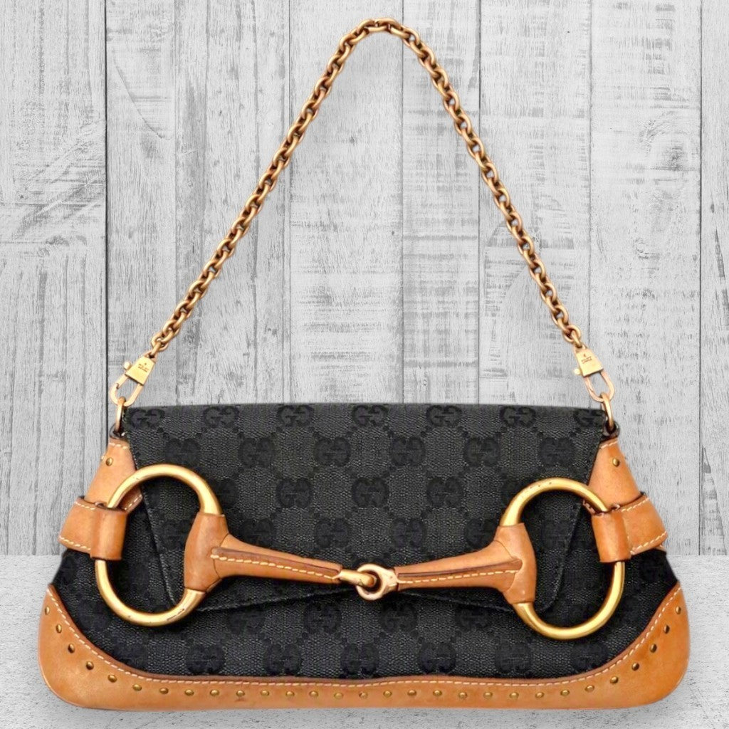 Gucci Tom Ford Era Horsebit GG Canvas Chain Clutch Shoulder Bag, Black & Beige