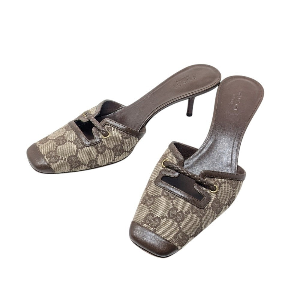 Gucci GG Monogram Square Toe Kitten Heel Mules