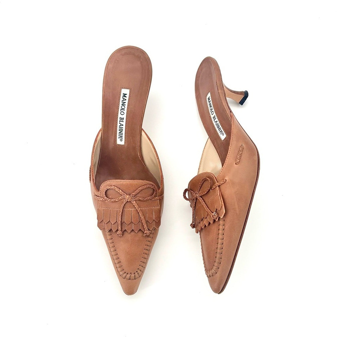 Manolo Blahnik Bow Fringe Pointed Toe Kitten Heel Mules