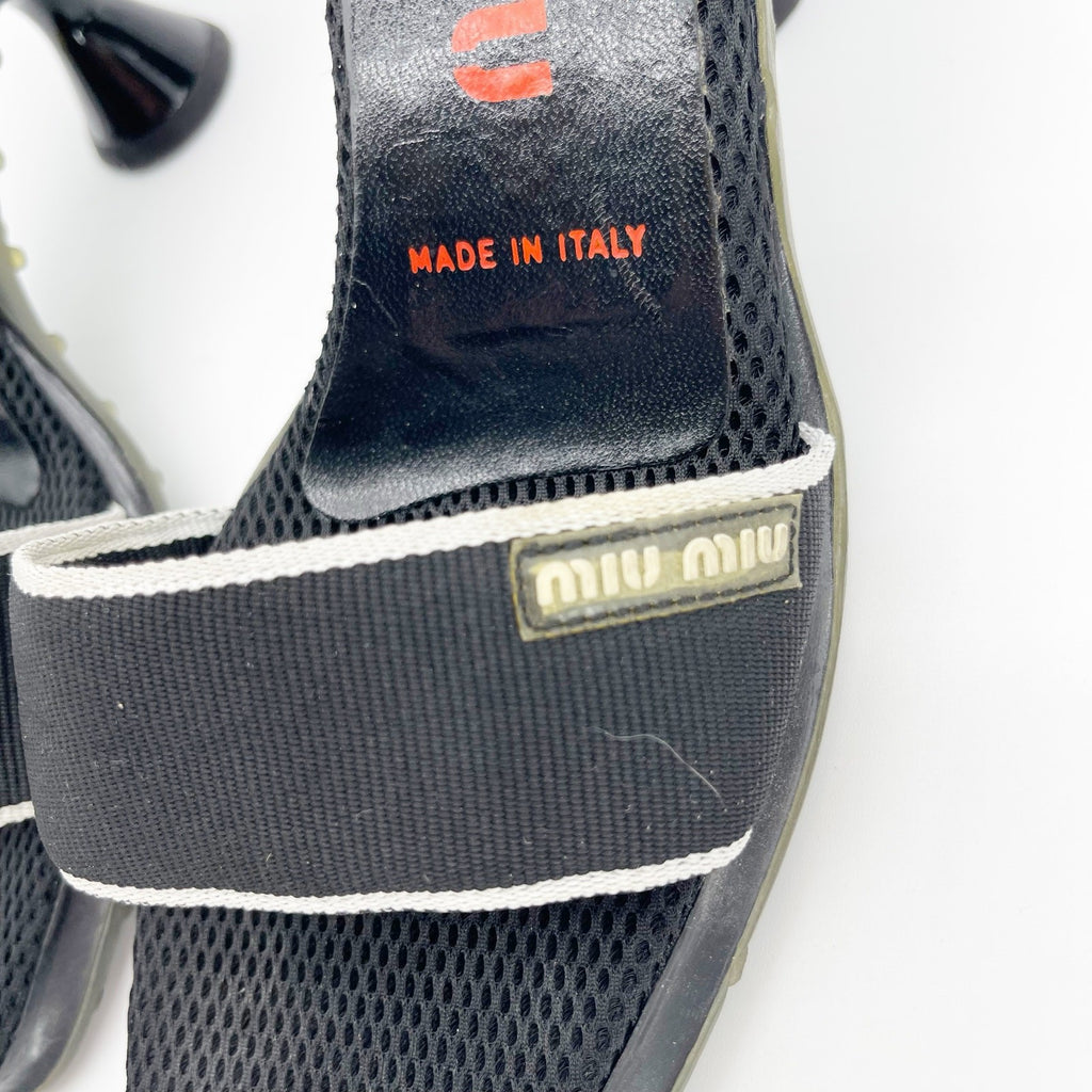 Miu Miu Black Mesh Logo Kitten Heel Mules