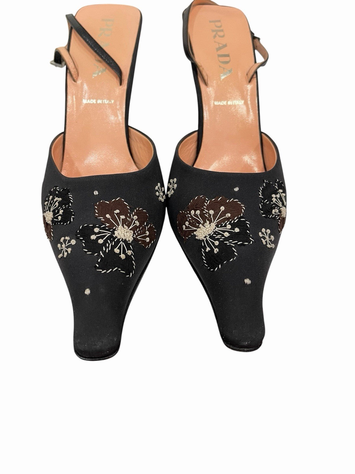 Prada Floral Embroidered Heels in Black Satin