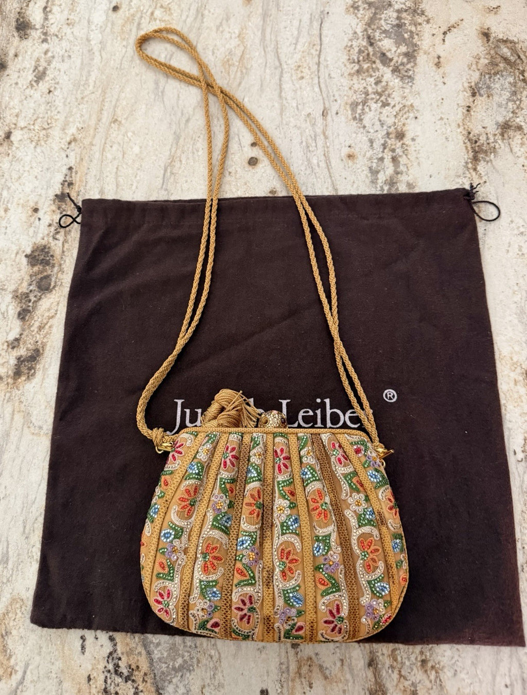 Judith Leiber Beaded Clutch, Gold Multicolor Floral
