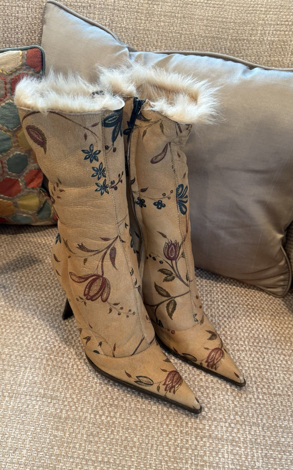 Roberto Cavalli Hand-Painted Floral Fur-Lined Heeled Boots
