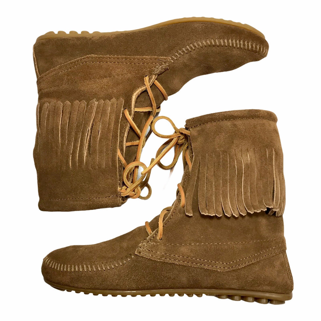 Minnetonka Tramper Fringe Ankle Moccasin Boots, Brown Suede