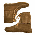 Minnetonka Tramper Fringe Ankle Moccasin Boots, Brown Suede
