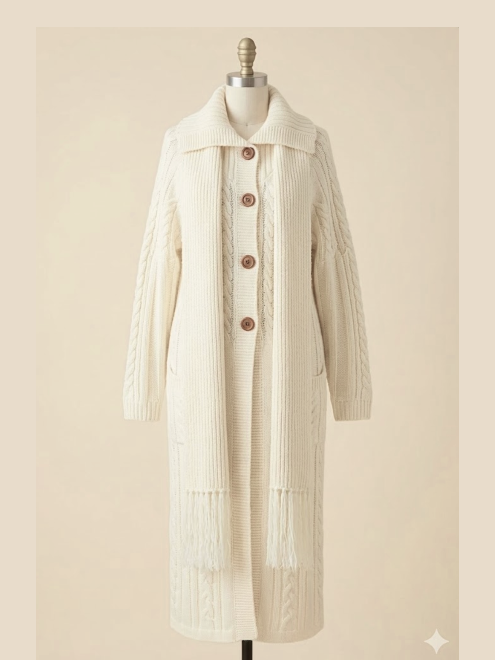 Vintage 1970s Ivory Cable Knit Duster Cardigan