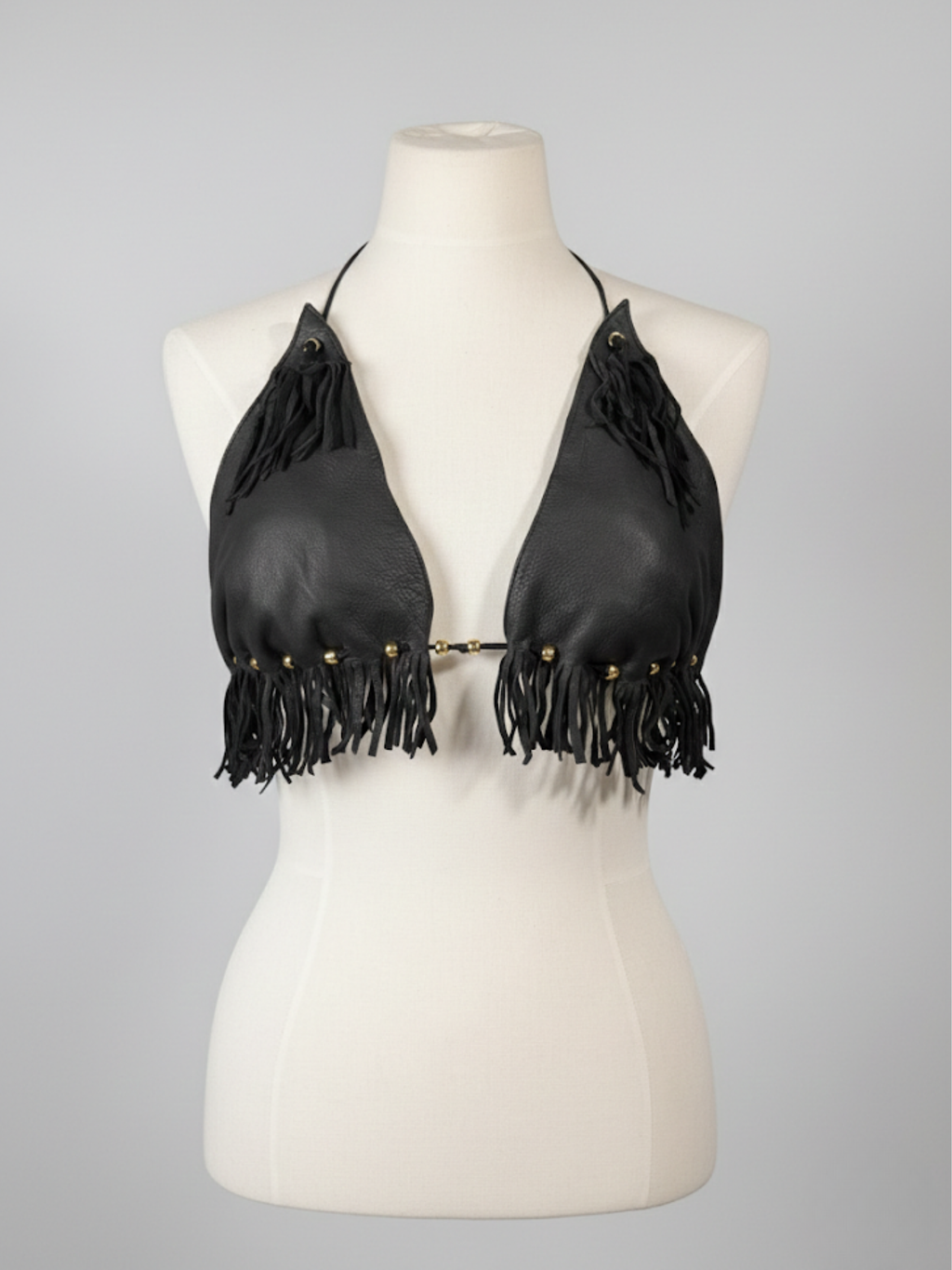 Vintage Leather Fringe Halter Top — Black Biker Cowgirl Festival Style