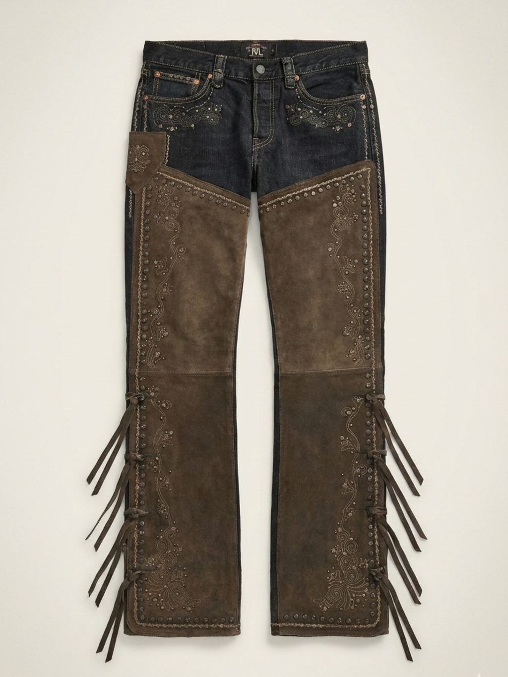 RRL Ralph Lauren Studded Suede Chap Overlay Denim Jeans