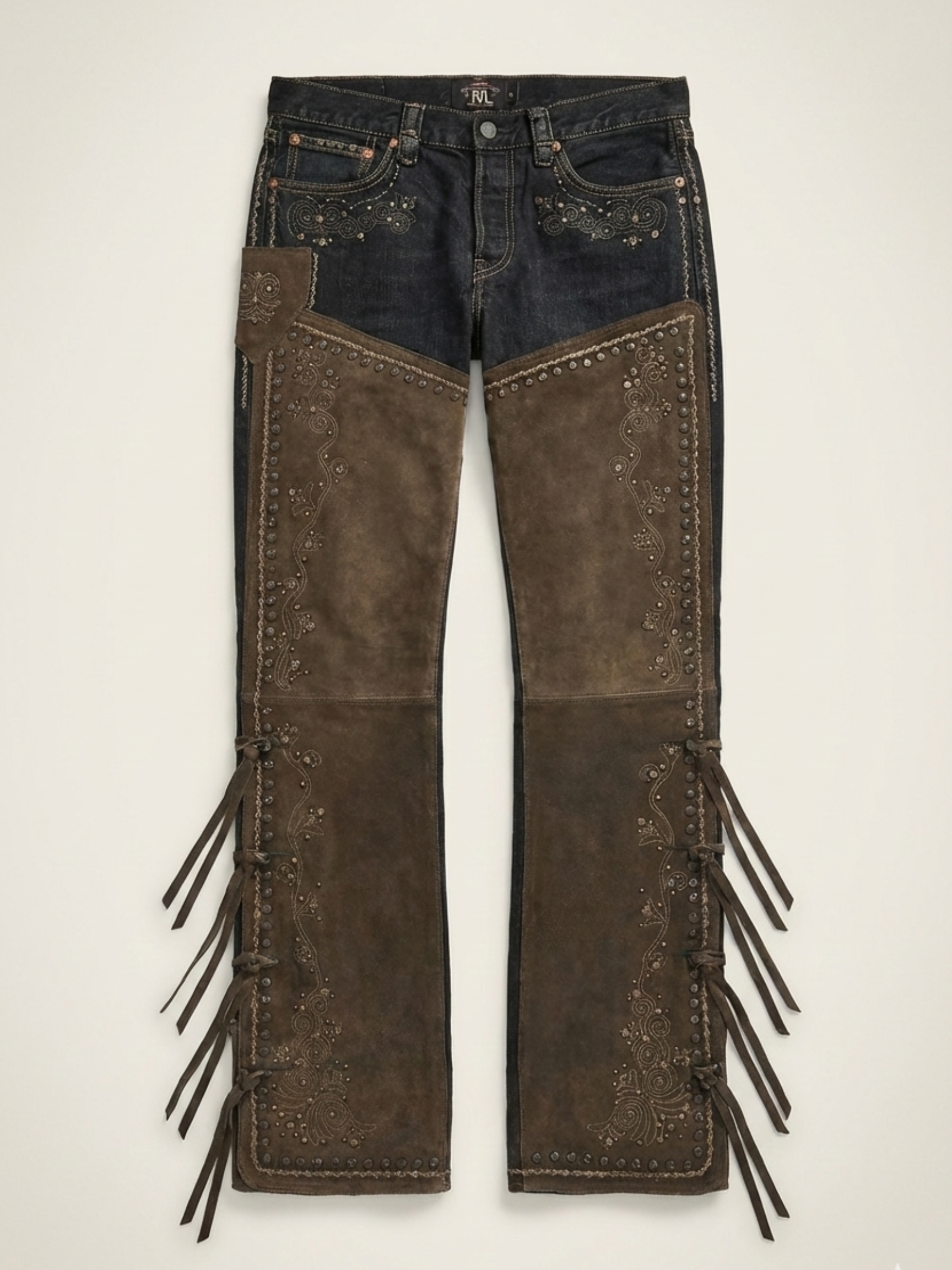 RRL Ralph Lauren Studded Suede Chap Overlay Denim Jeans
