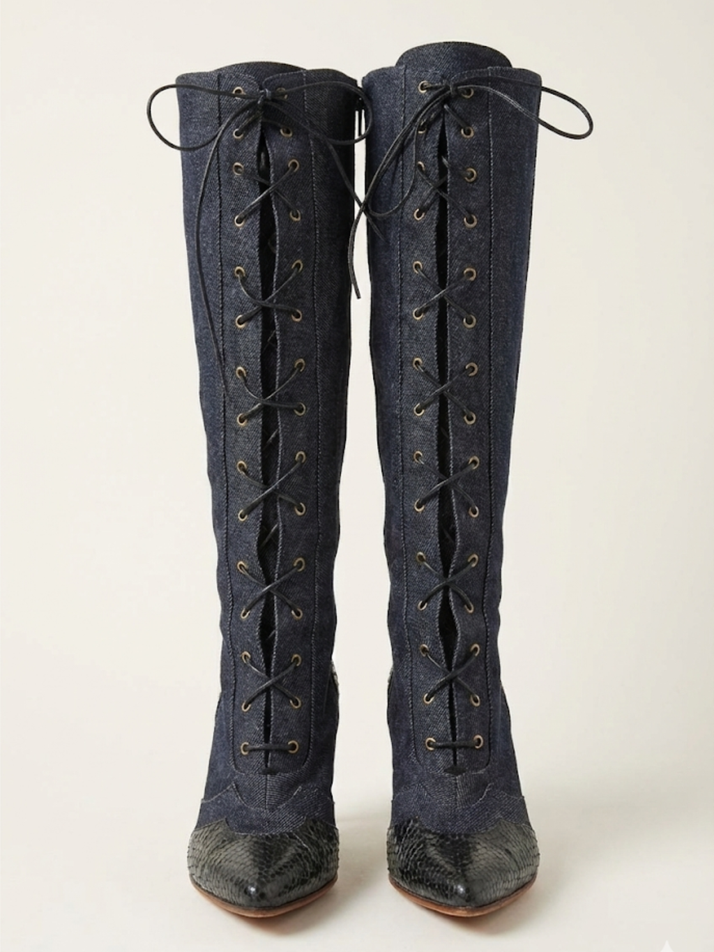 Christian Dior Y2K Denim & Snakeskin Lace-Up Knee-High Boots
