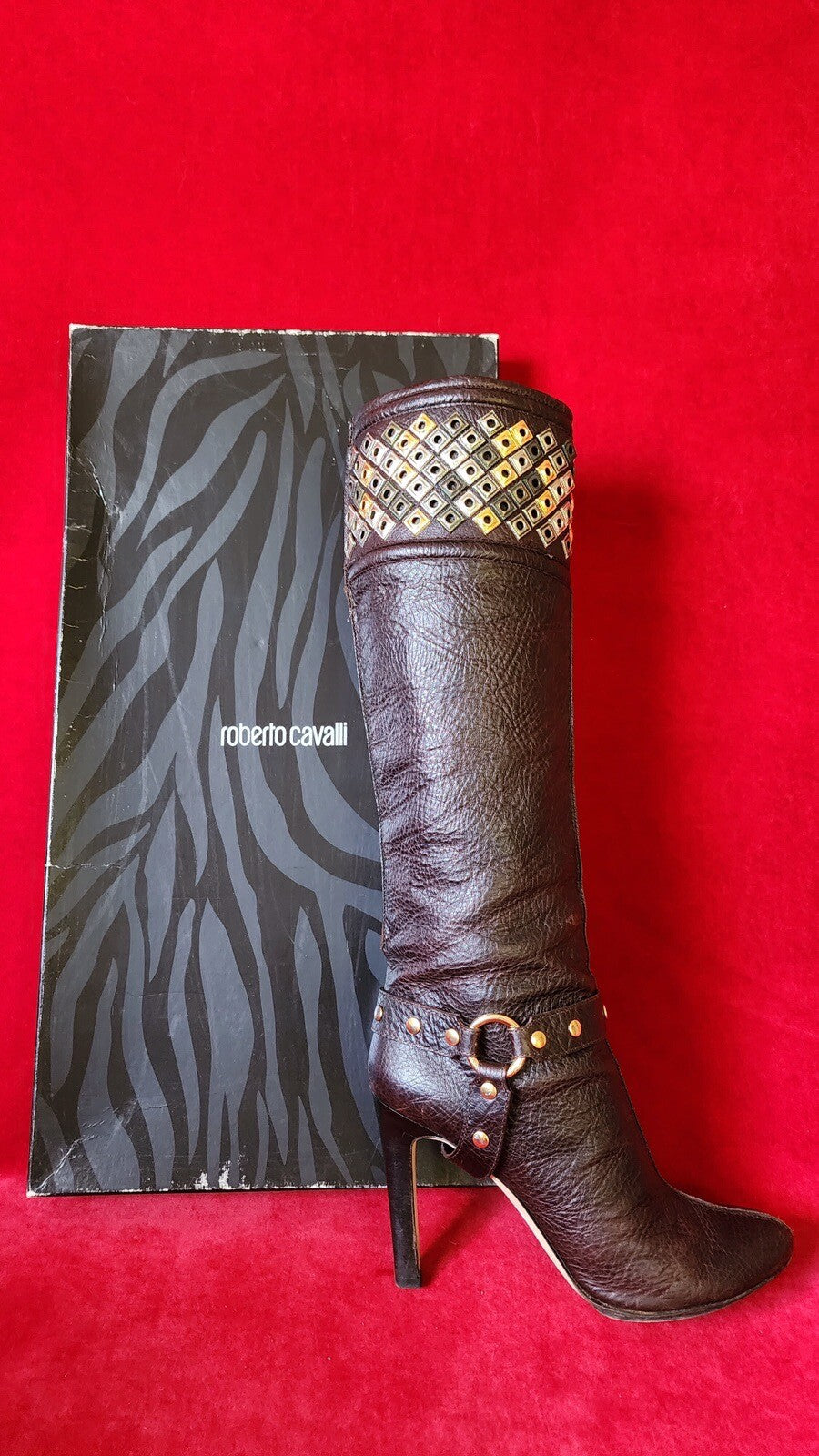 Roberto Cavalli Studded Brown Leather Boots