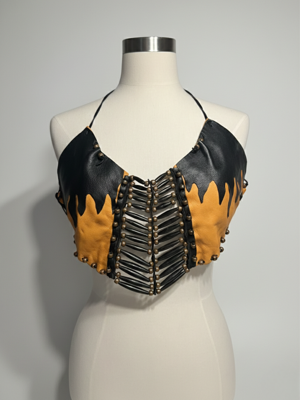 Vintage Leather Fringe Halter Top — Black Biker Cowgirl Festival Style