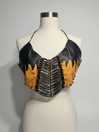 Vintage Leather Fringe Halter Top — Black Biker Cowgirl Festival Style
