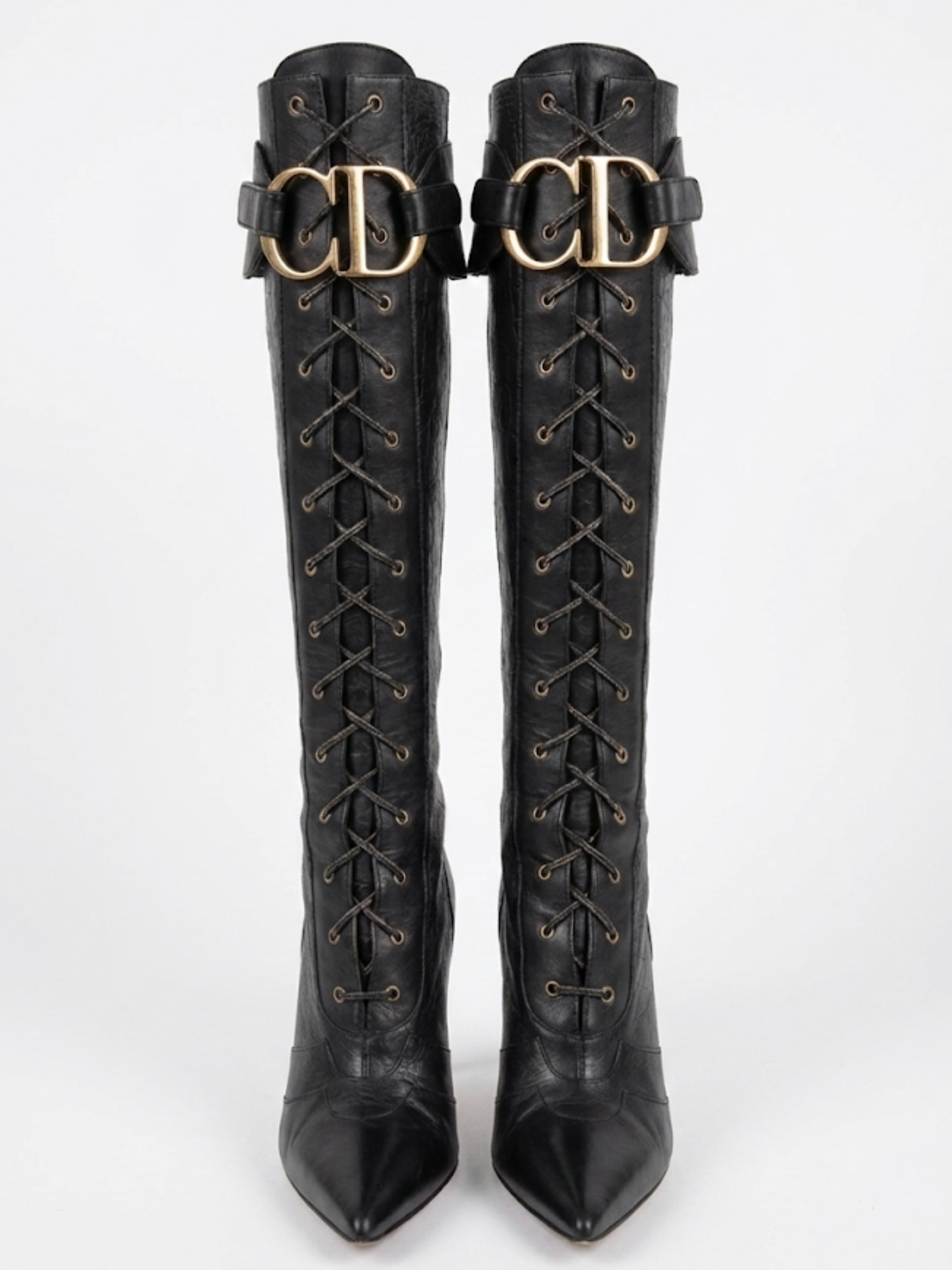 Vintage Christian Dior Fall 2000 CD Croc Emboss Pointed Toe Knee High Boots