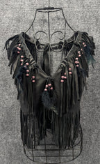 Handmade Black Leather Fringe Halter Top - Beaded Feather Detail