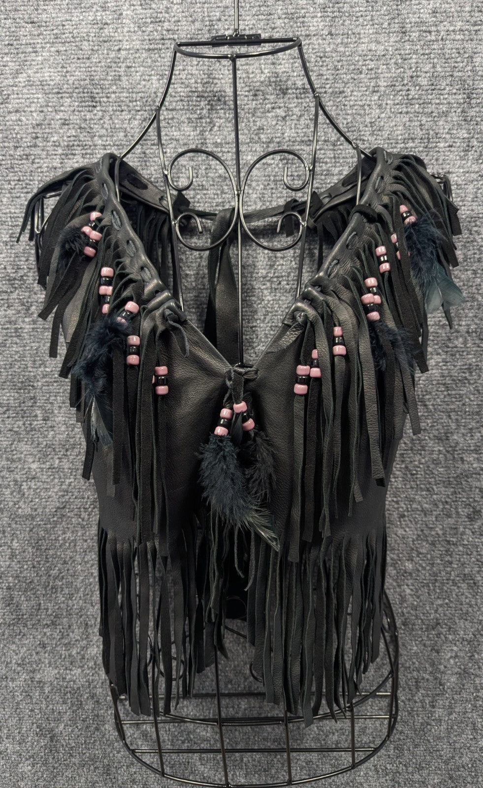 Handmade Black Leather Fringe Halter Top - Beaded Feather Detail