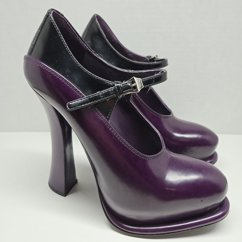 Prada Purple Black Patent Leather Strap Maryjane Heels Size EU 35 US 5
