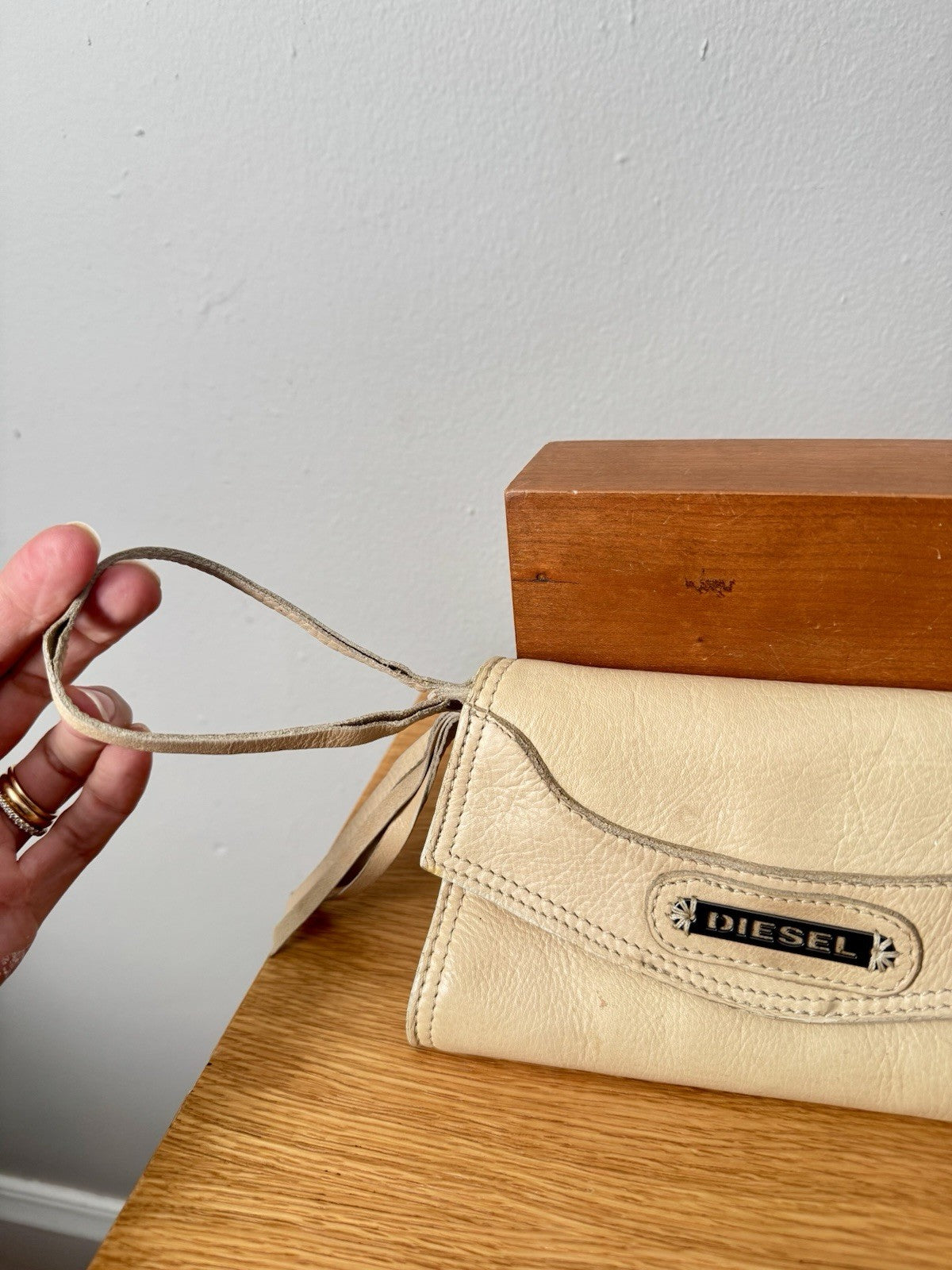 Diesel Genuine Leather Pony Wallet Wristlet in Ivory