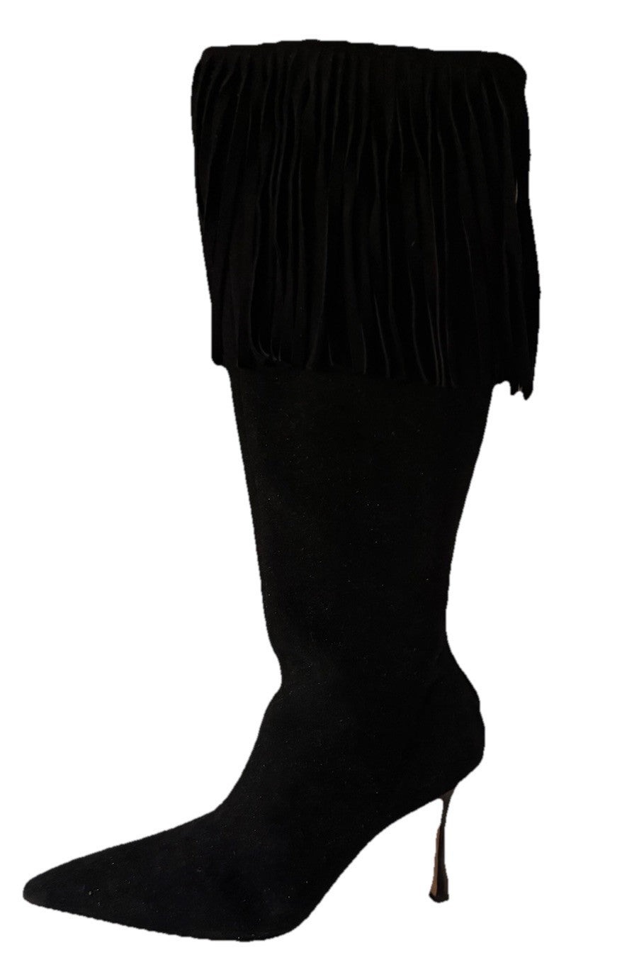 Manolo Blahnik Black Suede Knee-High Boots with Fringe Trim