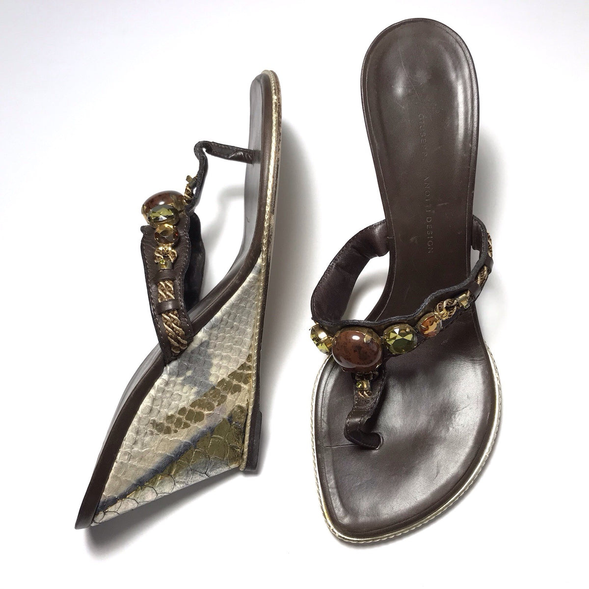 Giuseppe Zanotti Crystal Embellished Snake Wedge Thong Sandals