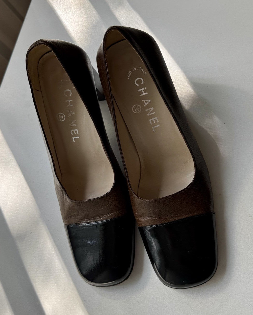 Chanel Two-Tone Metallic Silver and Brown Leather Cap Toe Pumps