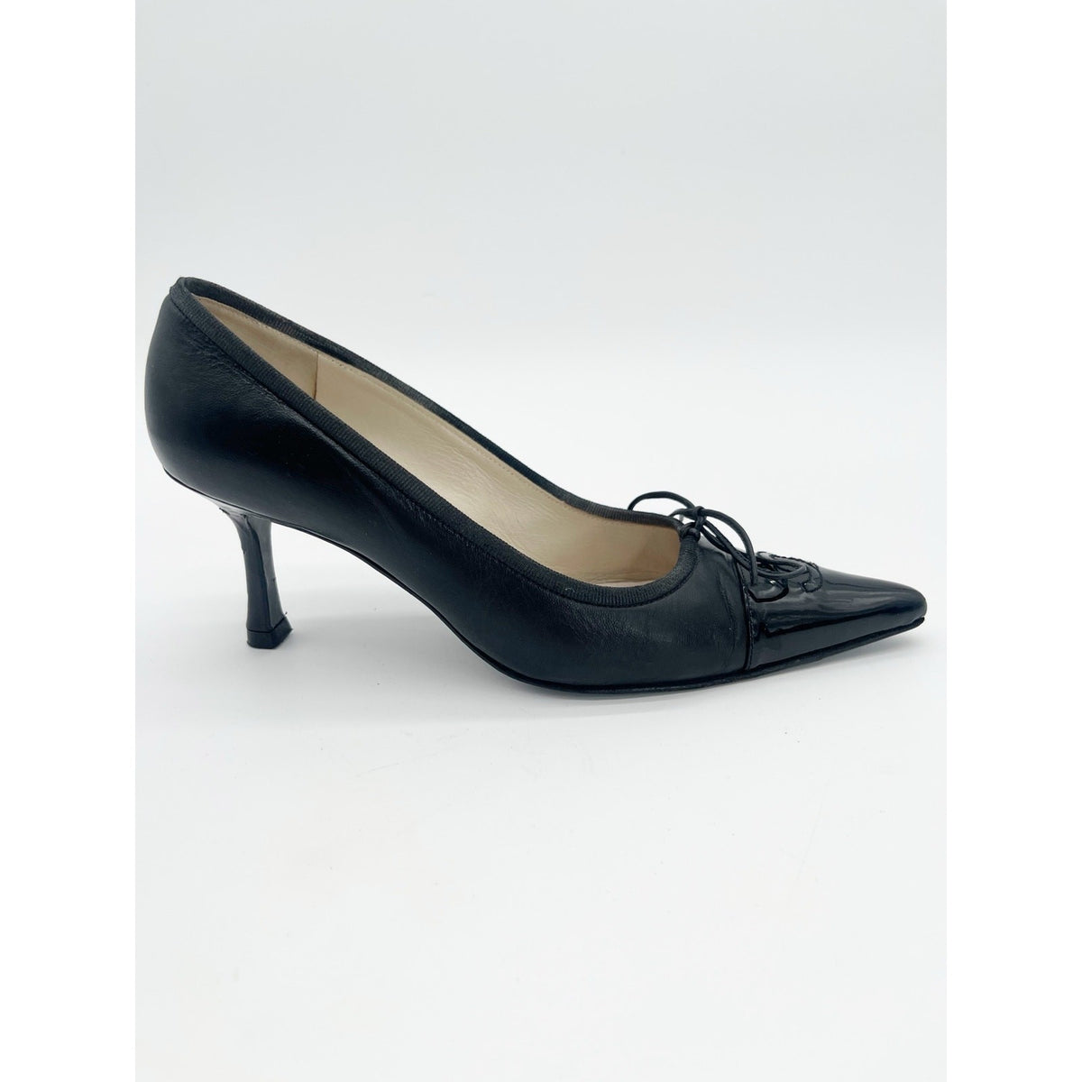 Chanel Vintage Black Patent Leather CC Bow Cap Toe Pumps, EU 36