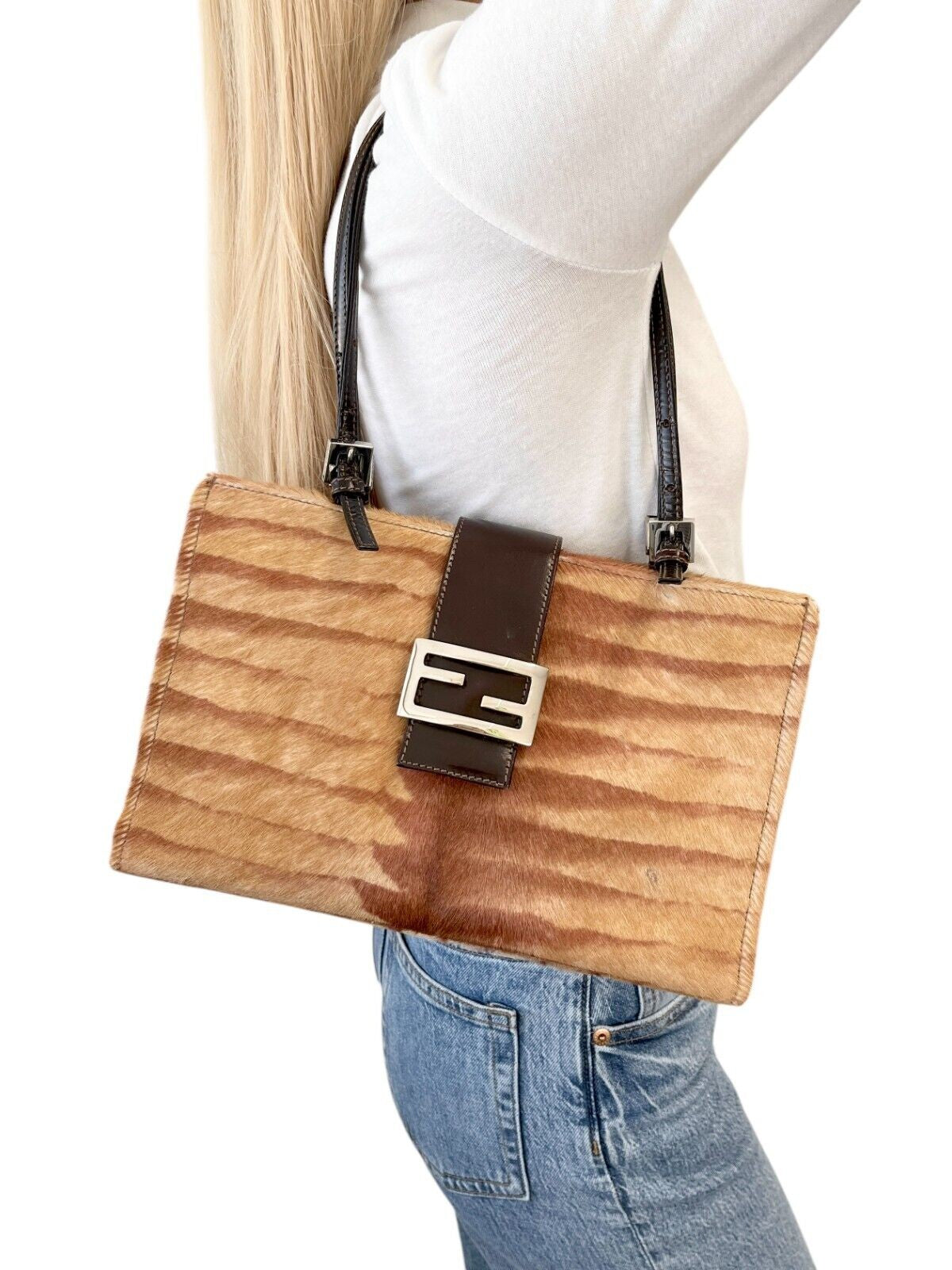 Fendi Vintage FF Logo Calf Hair Shoulder Bag, Brown & Silver