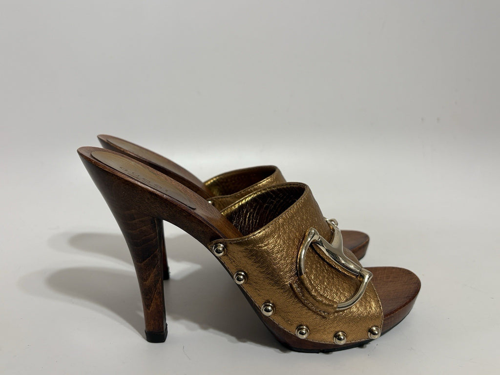 Gucci Gold Leather Horsebit Wood Sandal Heels