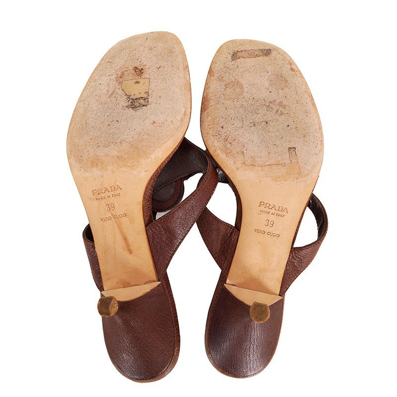 Prada Vintage Brown Grained Leather Heart Accent Kitten Heel Sandals