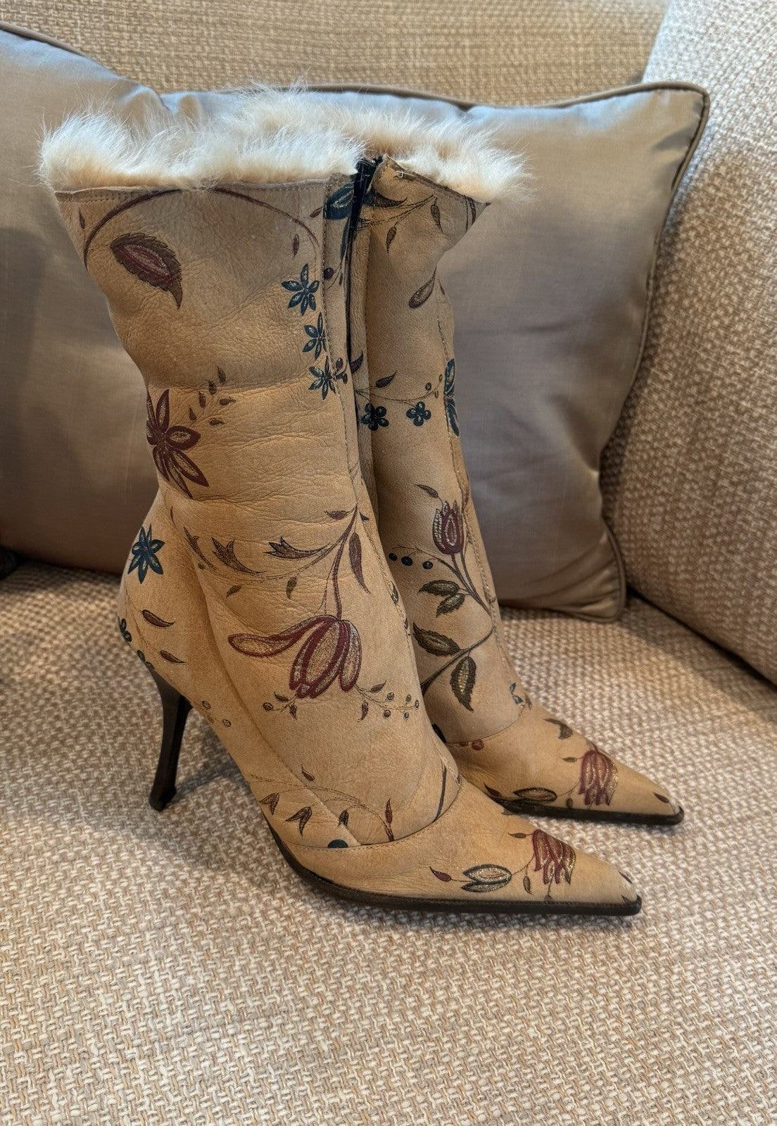 Roberto Cavalli Hand-Painted Floral Fur-Lined Heeled Boots