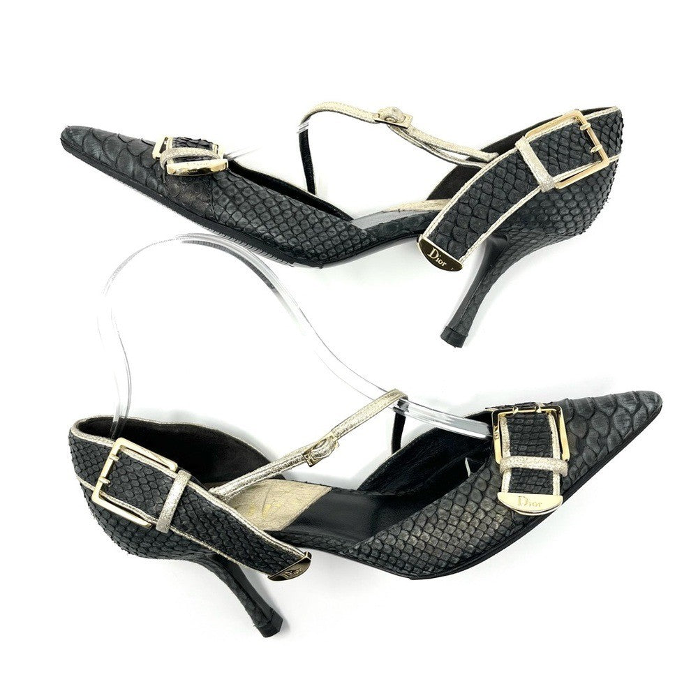 Christian Dior Galliano-Era CD Logo Buckle Heels, Black & Gold