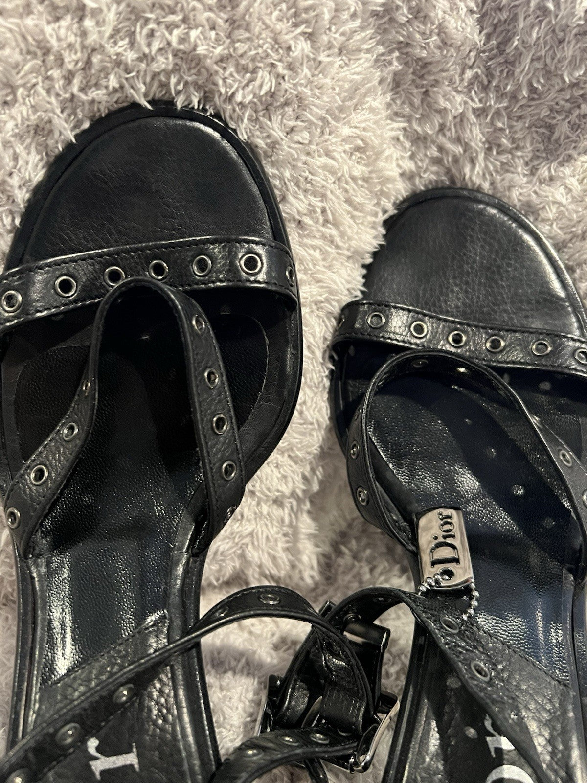 Christian Dior Vintage Black Leather Strappy Sandals with Dog Tag Detail