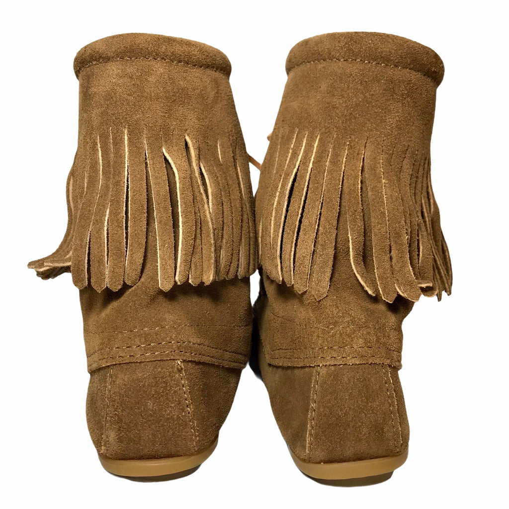 Minnetonka Tramper Fringe Ankle Moccasin Boots, Brown Suede