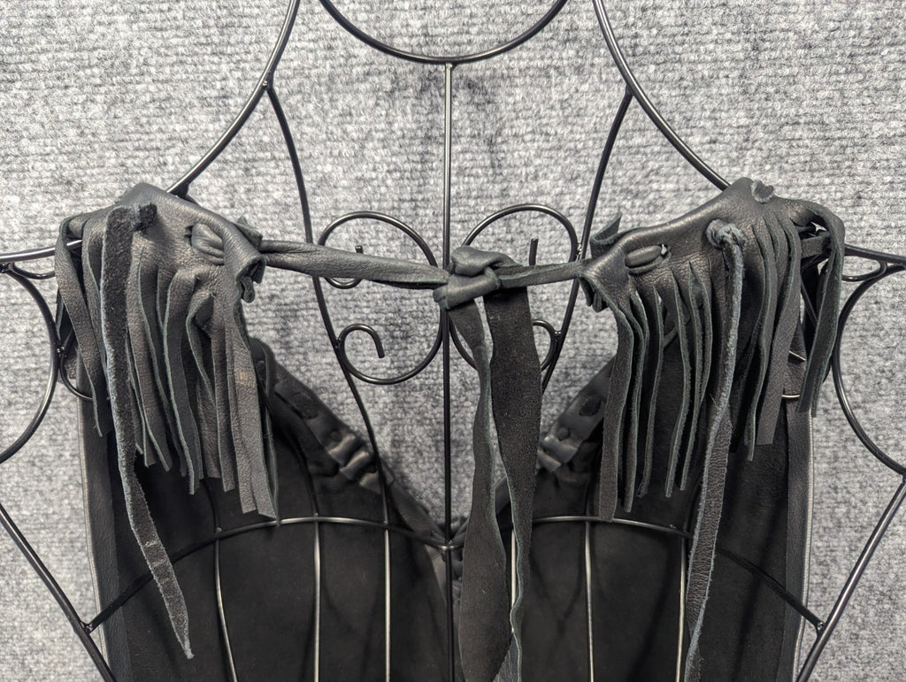 Handmade Black Leather Fringe Halter Top - Beaded Feather Detail