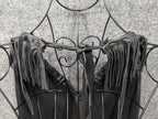 Handmade Black Leather Fringe Halter Top - Beaded Feather Detail