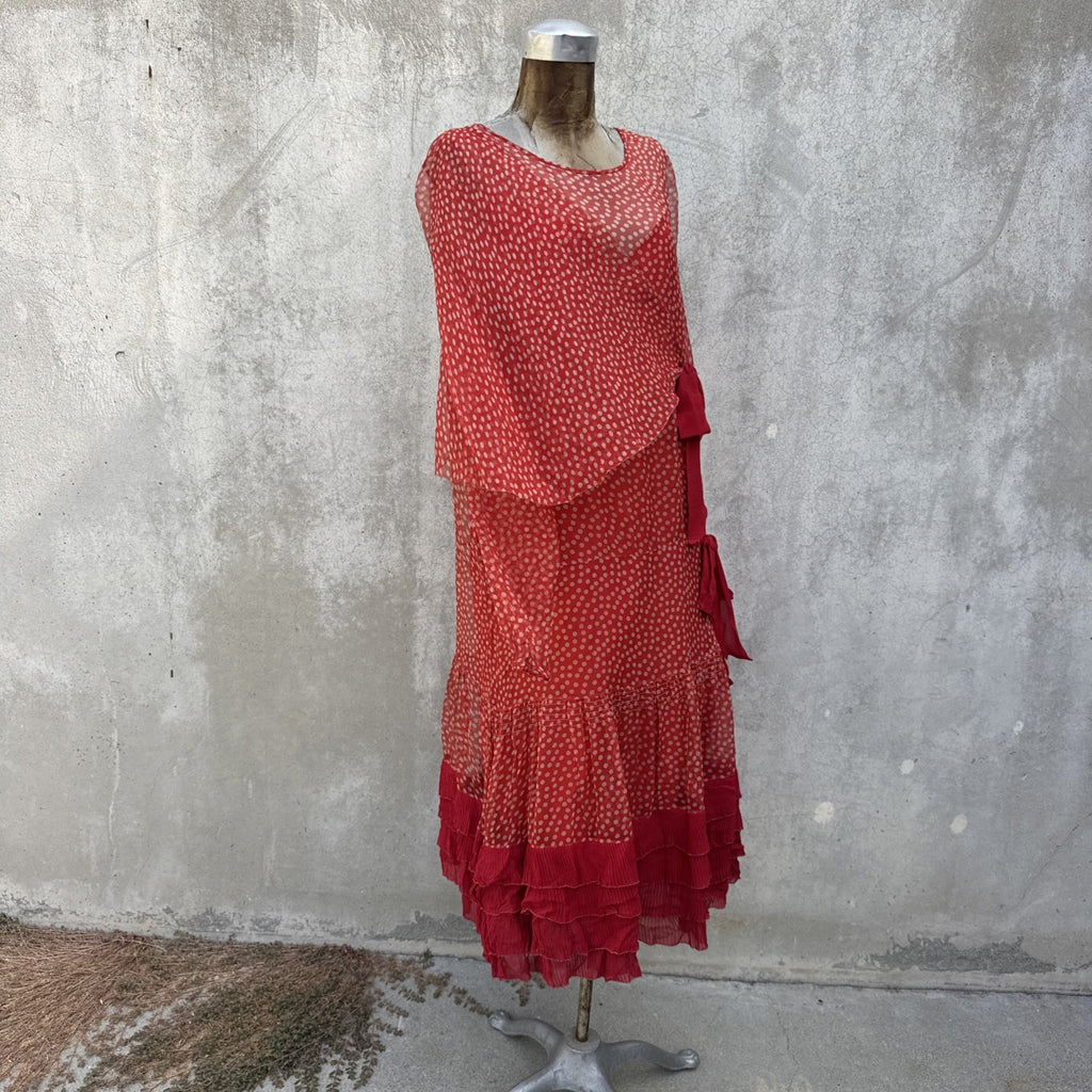 Marjone 1920s Red Silk Chiffon Polka Dot Dress