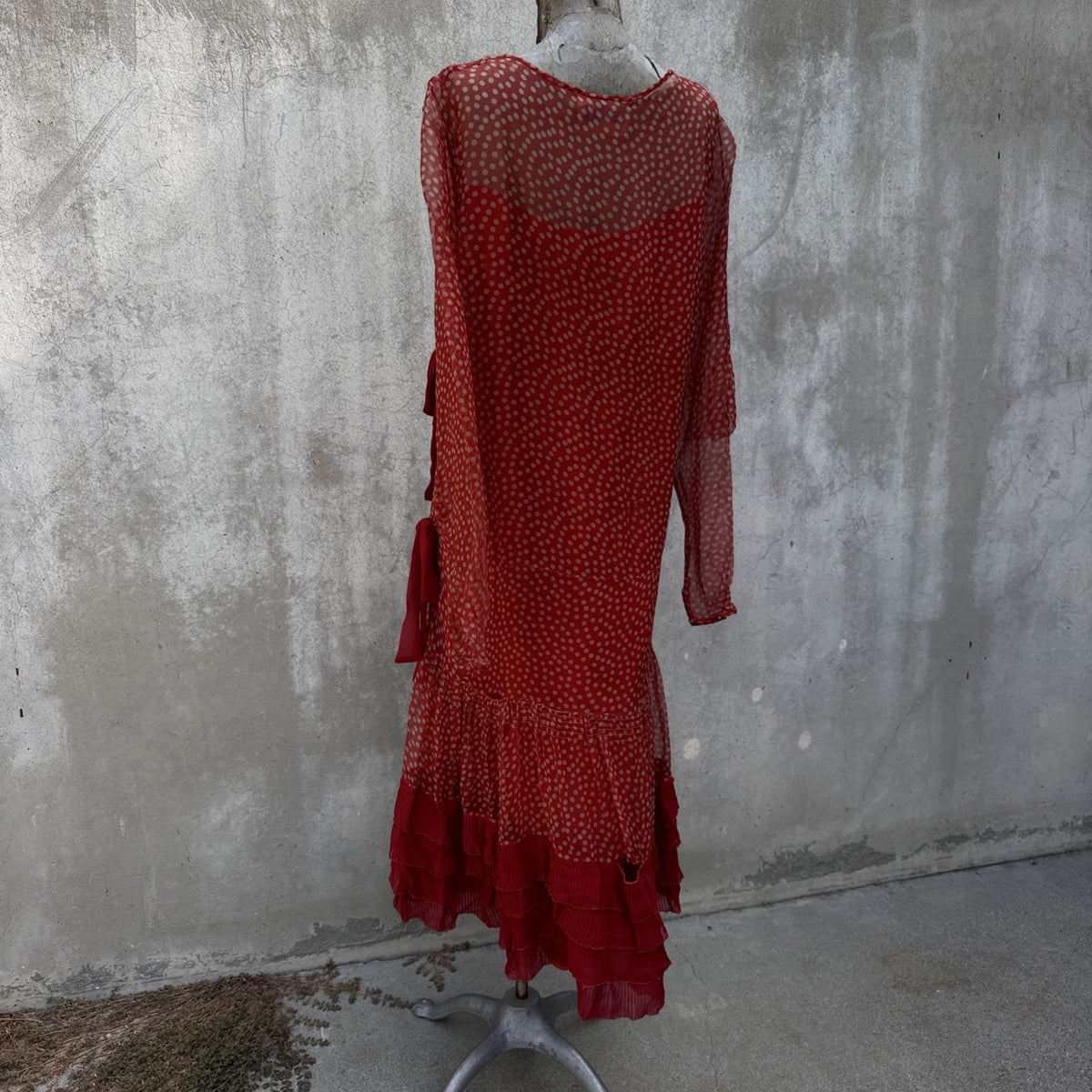 Marjone 1920s Red Silk Chiffon Polka Dot Dress