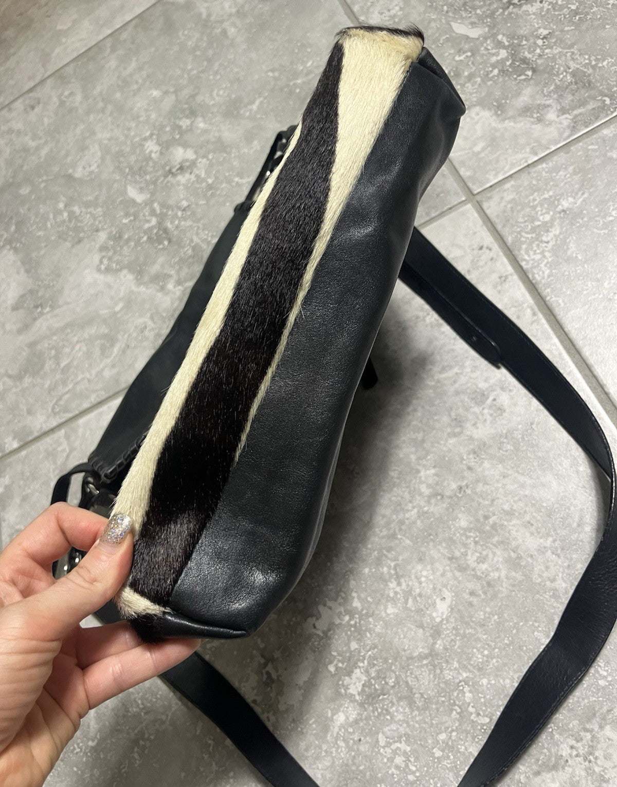 Cavalcanti Italy Leather & Cow Fur Crossbody Hobo Bag, Black & Cream